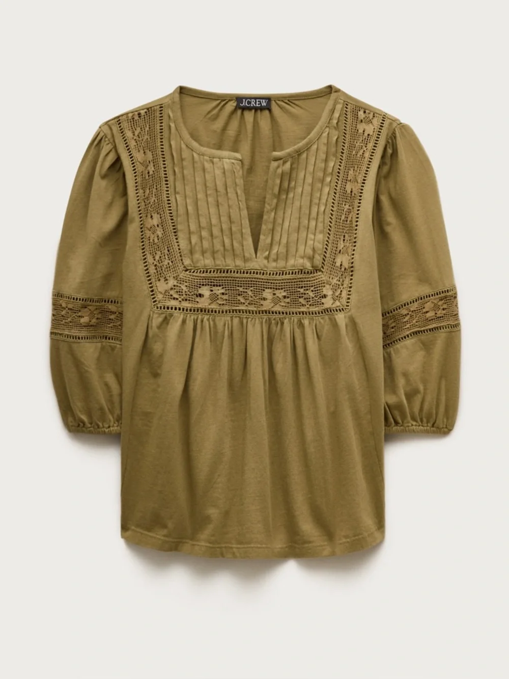 J. Crew Lace-trim Puff-sleeve Shirt Broken-in Jersey Tuscan Olive